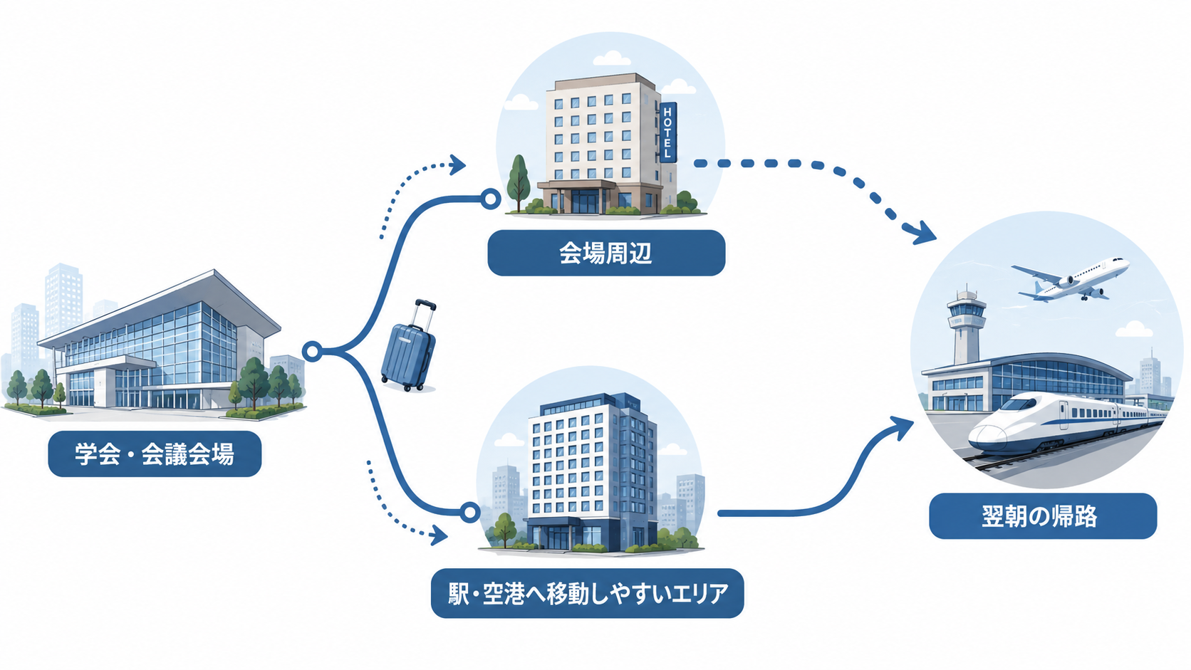 学会後に会場周辺または駅や空港へ移動しやすいエリアへ後泊する考え方